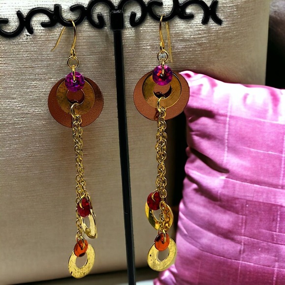 Shiny Pink Gold-Tone Long Dangle Earrings Vintage! - Picture 1 of 9